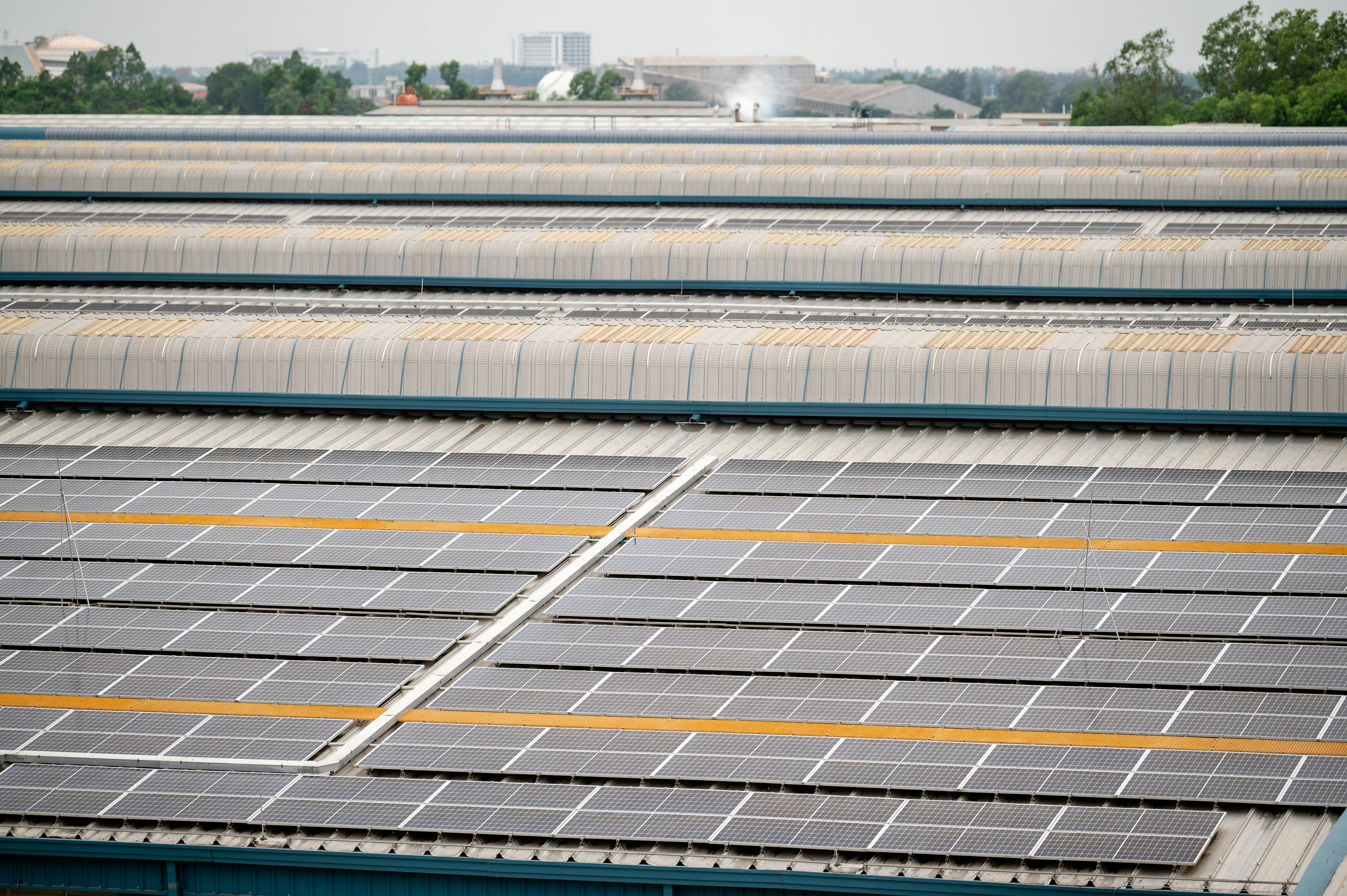 Large industrial rooftop solar panel installation